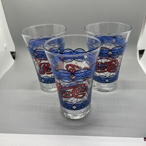 (3) Vintage Pepsi Drinking Glasses Blue Red "Stained Glass" Tiffany Look
